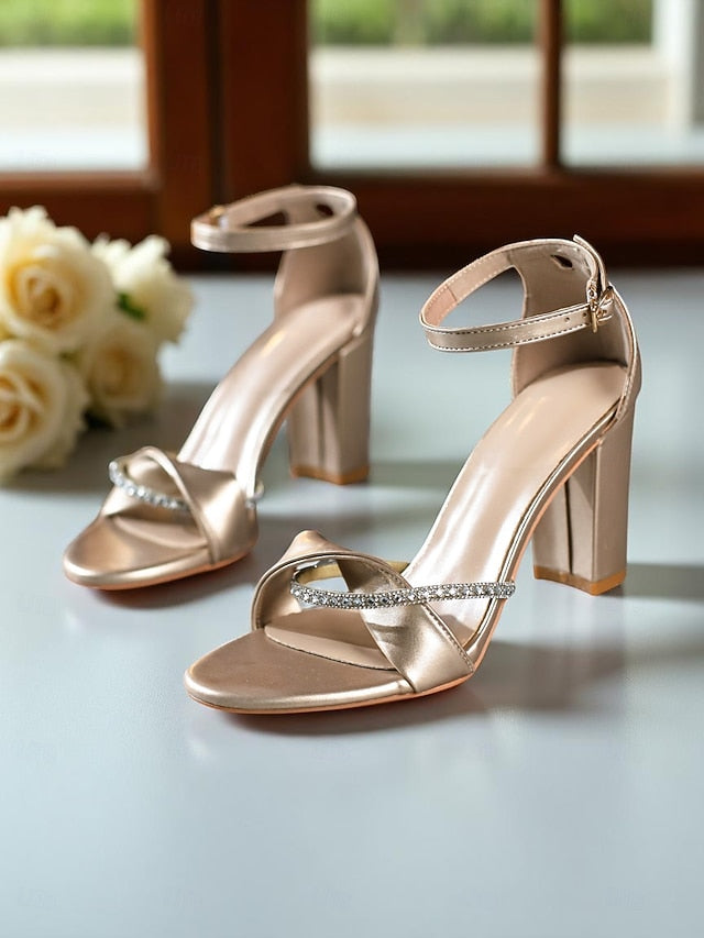 Open-Toe Block Sandals - Women's Heel Gold Strap PU Ankle