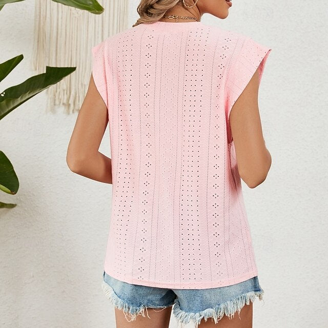 Women's Texture Blouse Eyelet Top Pointelle Tee Tank Top