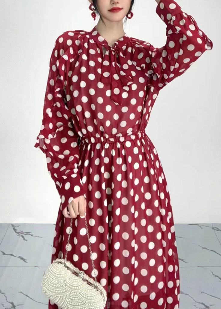 Organic Red Dot Print Ruffled Chiffon Dresses Long Sleeve AO1054