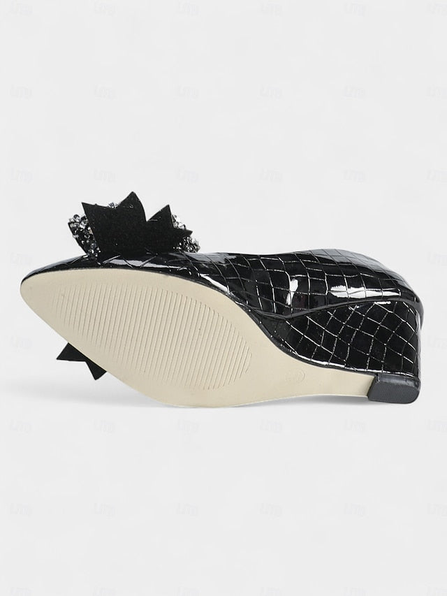 Patent Black Wedge Heels Women's Glitter Bow with Leather