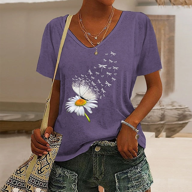 Women's T Shirt Butterfly Dandelion Basic Short Sleeve V
