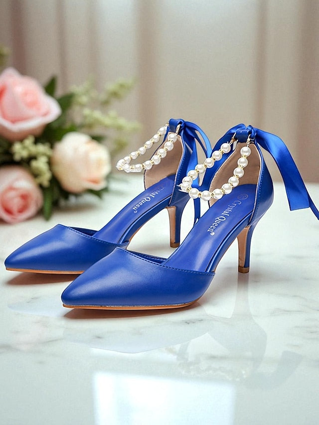 Kitten Pumps with Strap Women's - Pearl Ankle Bow Heel Blue