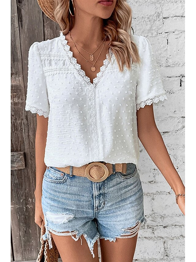 Women's T Shirt Lace Solid Color Fashion Short Sleeve V