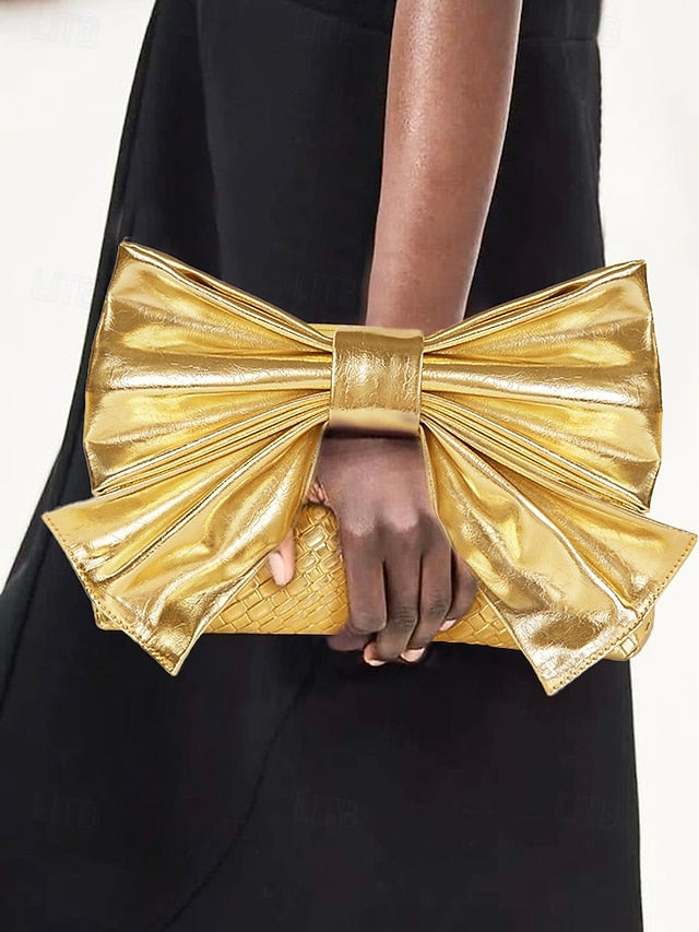 with Faux Leather Clutch Bow Gold Bag Oversized Women's