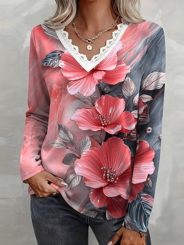 Women's T Shirt Lace Print Floral Graphic Vintage Stylish