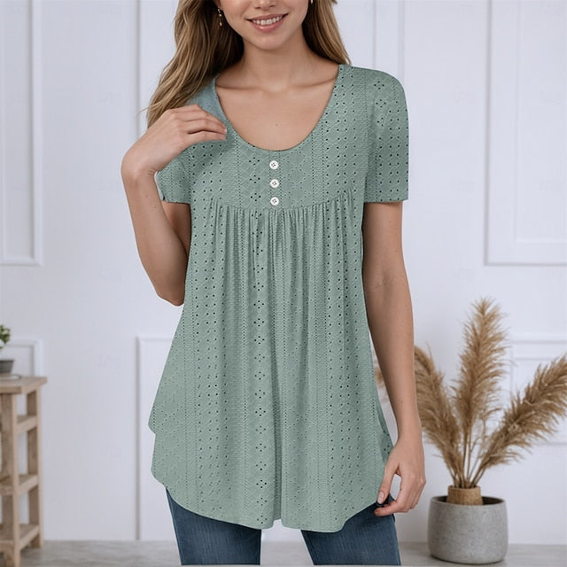 Women's Texture Blouse Eyelet Top Pointelle Tee Tunic