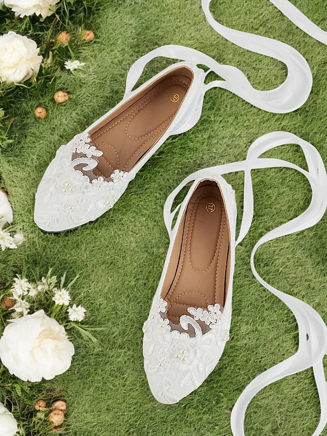 Lace with Wedding Ties Bridal White - Shoes Flats Elegant Ribbon