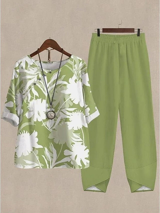 Women's Shirt Basic Pants Sets Half Sleeve Round Neck