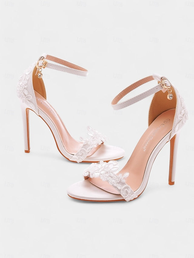 Lace Stiletto with Heels White Strap Ankle Women's Wedding