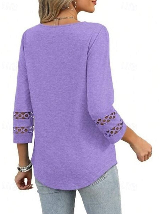 Women's T Shirt Eyelet Plain Casual Long Sleeve V Neck