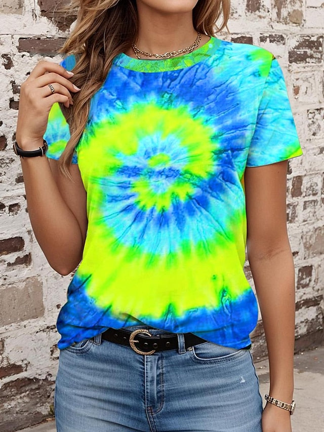 Women's T Shirt Tee Tie Dye Green Short Sleeve Crew Neck