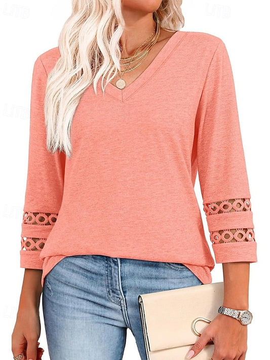 Women's T Shirt Eyelet Plain Casual Long Sleeve V Neck