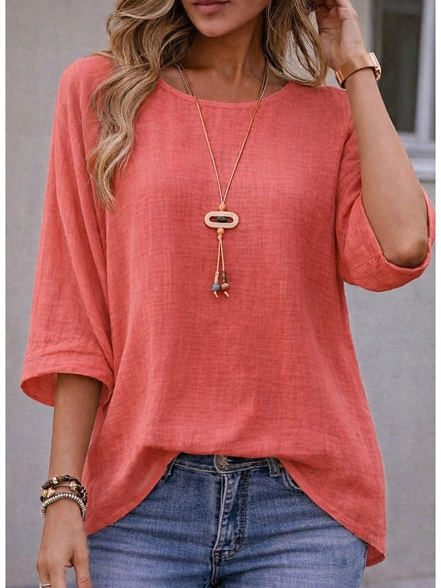 Women's Oversized T Shirt Tee Faux Cotton Linen Solid Color