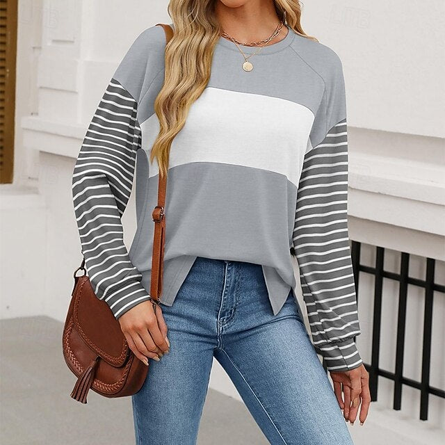 Women's T Shirt Tee Top Patchwork Striped Fashion Classic