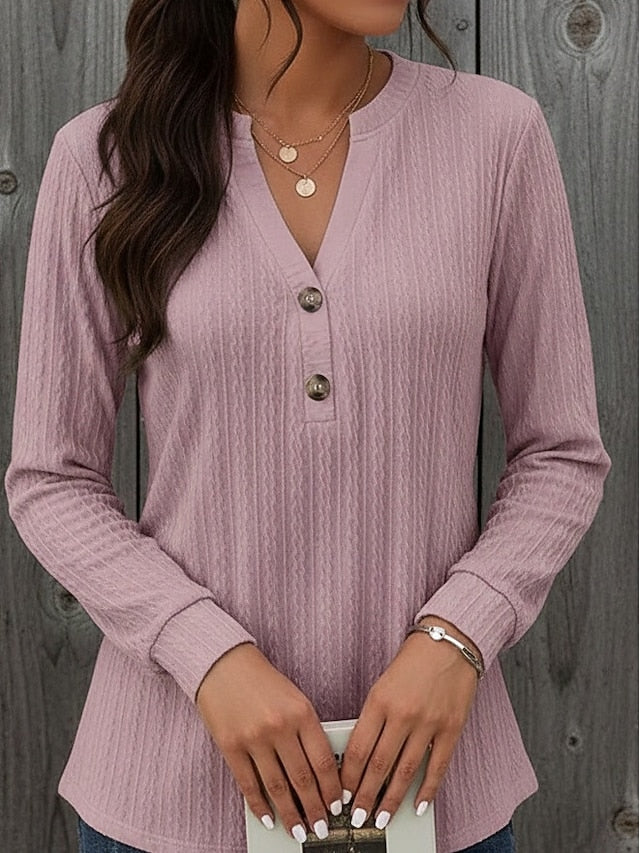 Women's T Shirt Tee Top Buttons Solid Color Elegant Fashion