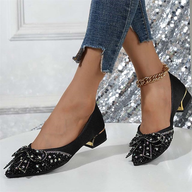 Bow - Glitter Rhinestone Elegant Flats with Women's Detail