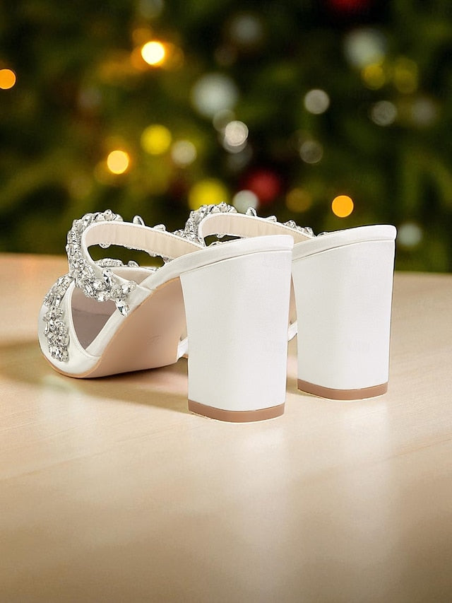 Block Heel Floral with Women's Black Mules Satin Rhinestone