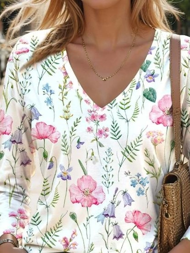 Women's T Shirt V Neck Long Sleeve Tunic Floral Fashion