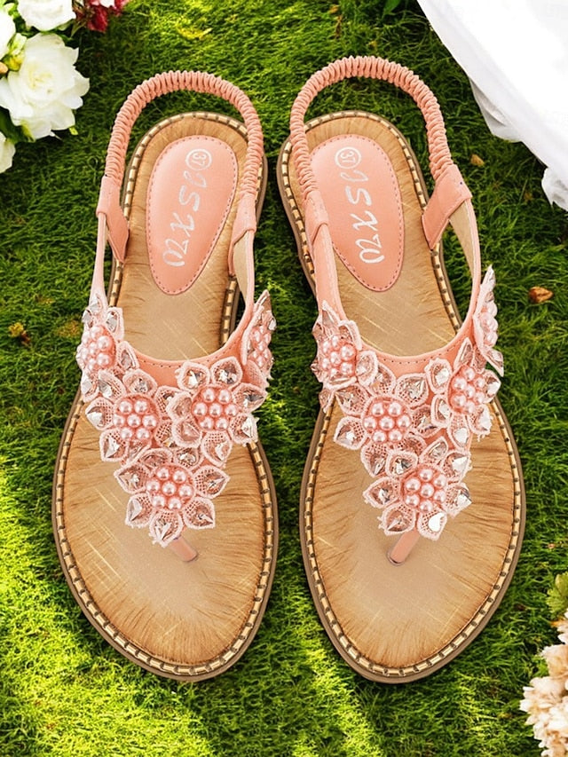 Beaded Comfortable Slip-Ons Floral Design with Flat