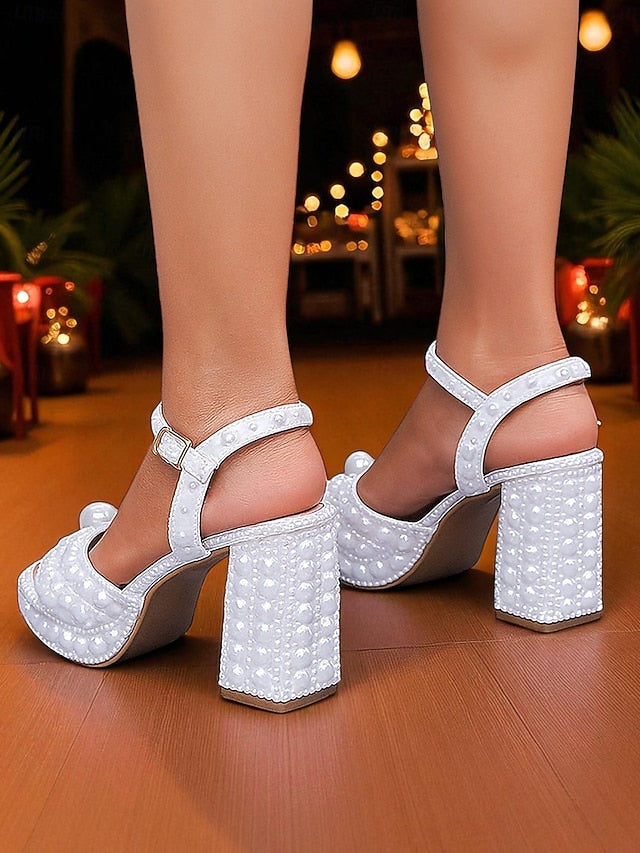 White Sandals Heel Embellished Platform Pearl Block Women's