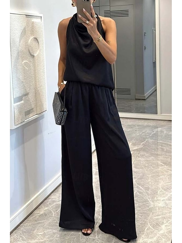 Women's Pants Sets Bolero Top Sleeveless Halter Neck Solid