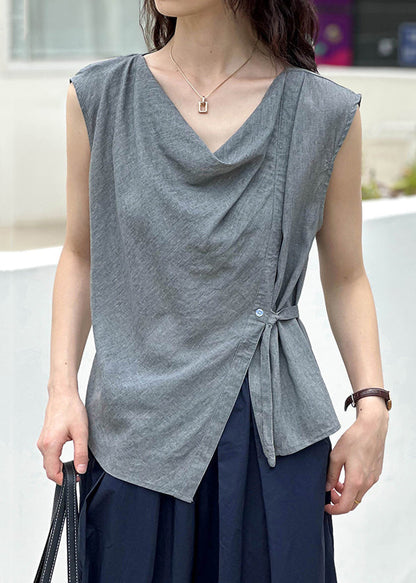 New Grey Asymmetrical Button Cotton Top Summer AF1039