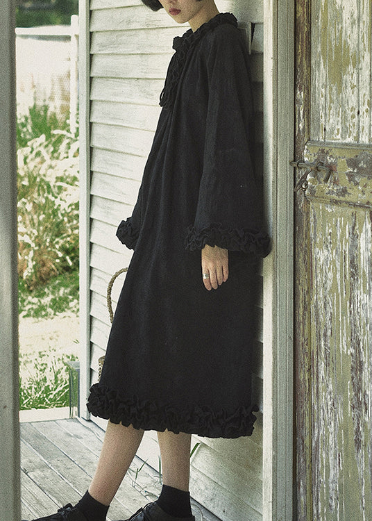 Design Black Ruffled Dress Original Cotton Patchwork Spring