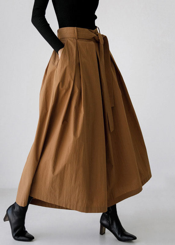 Pantalon de printemps en coton marron à taille haute et poches larges 