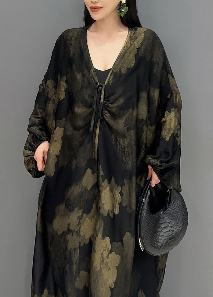 Plus Size Black V Neck Print Holiday Maxi Dress Long Sleeve AO1068