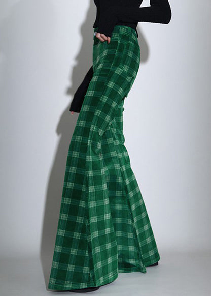 Chic Green Plaid Pockets Corduroy Flare Bottoms Spring TT1012