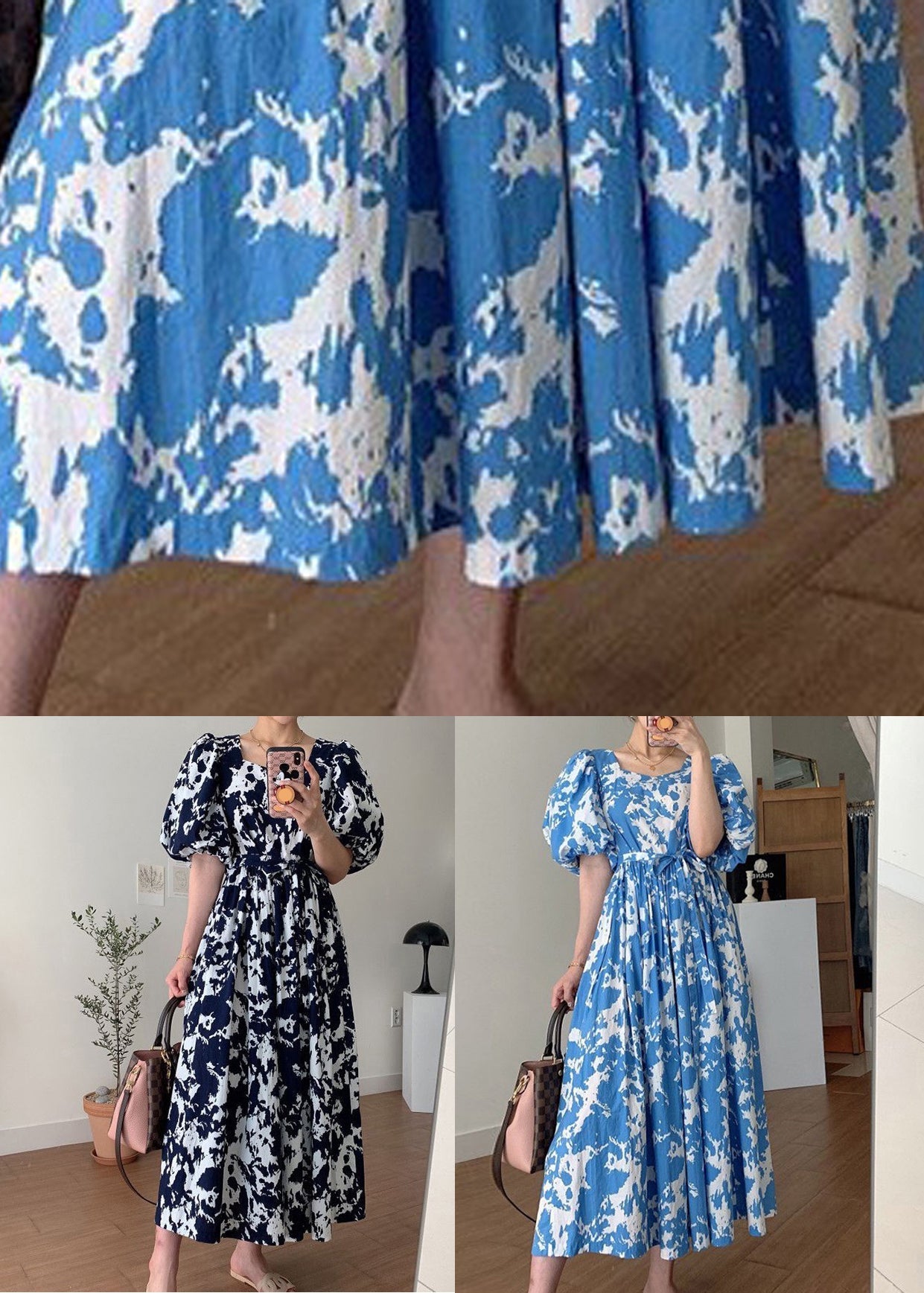 Robe longue en coton bleu avec ceinture nouée et col carré et manches bouffantes QP007 