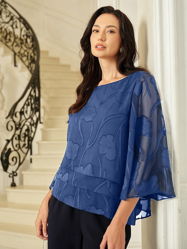 Women's Sheer Blouse Chiffon Tops Lace Asymmetric Hem