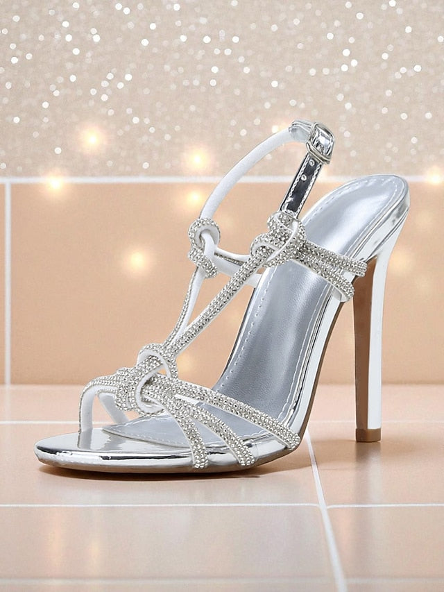 Toe with Heels Rhinestone Women's Stiletto Strappy Square