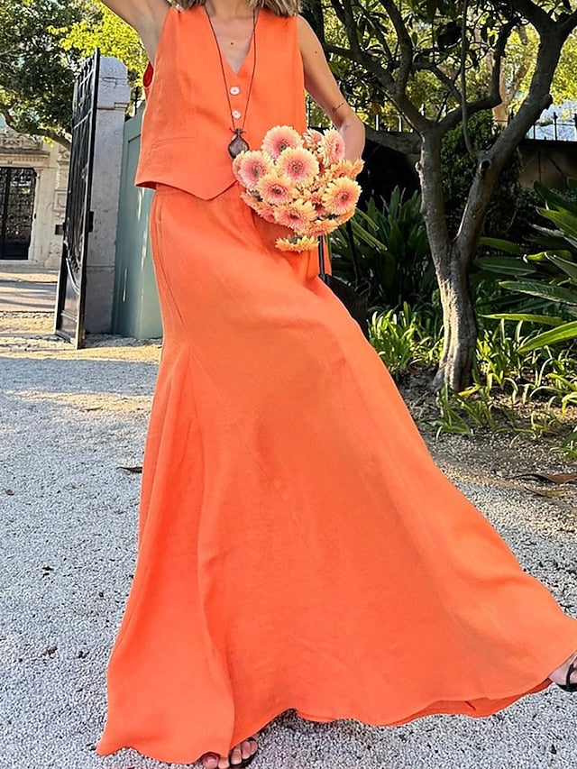 Women's Cotton Linen Sets Skirt Sets Bolero Top Sleeveless