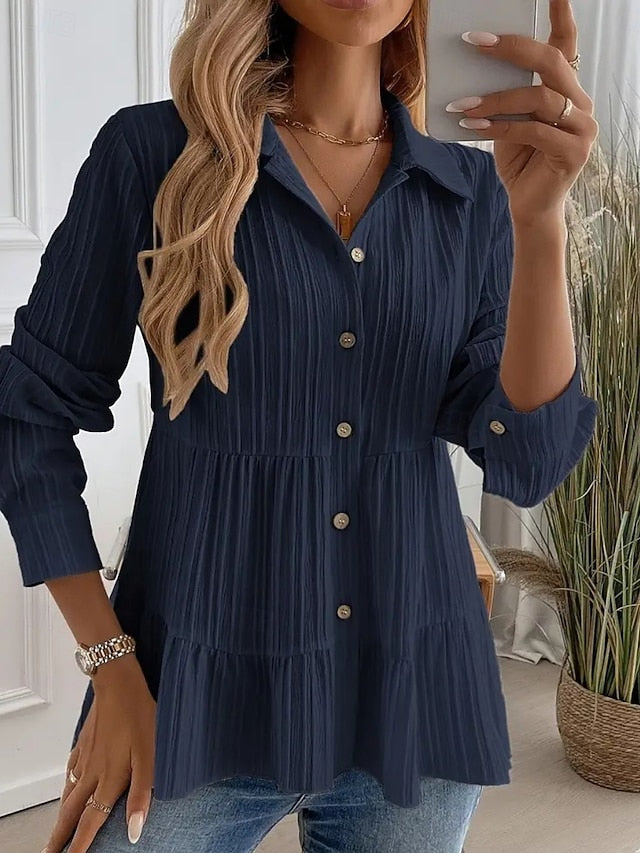 Women's Blouse Ruched Buttons Solid Color Stylish Casual