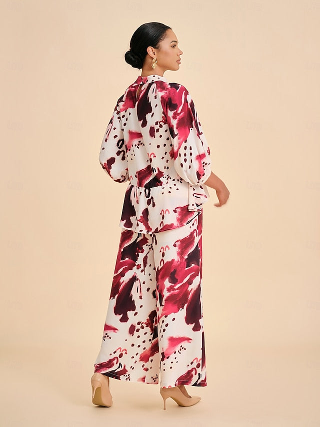 Women's Blouse Wine Abstract Print Standing Collar Casual