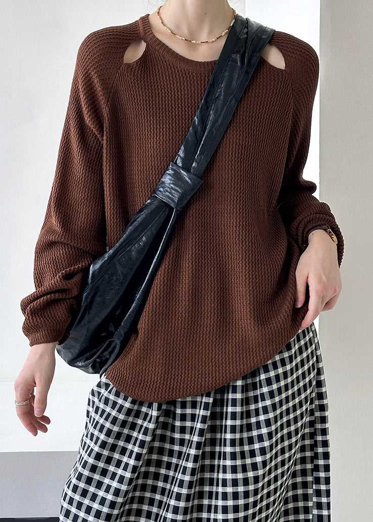 Women Brown O Neck Hollow Out Knit Sweaters Fall AF1051