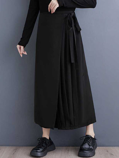 Stylish Black Elasticity High Waisted Asymmetric Tied Patchwork Pleated Ninth Pants WS015