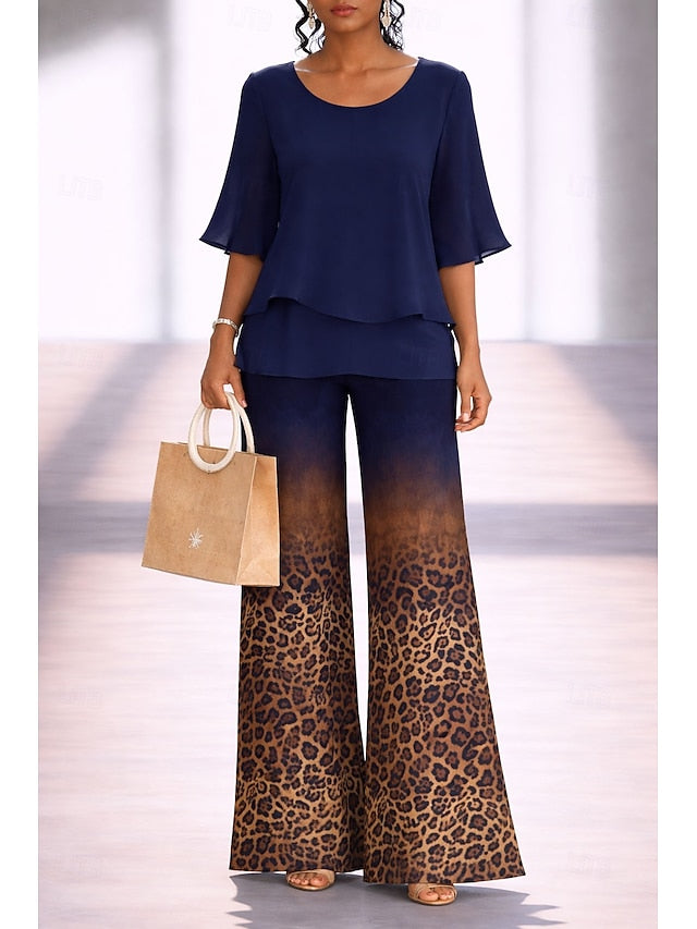 Women's Pants Sets Half Sleeve Butterfly Sleeve Round Neck