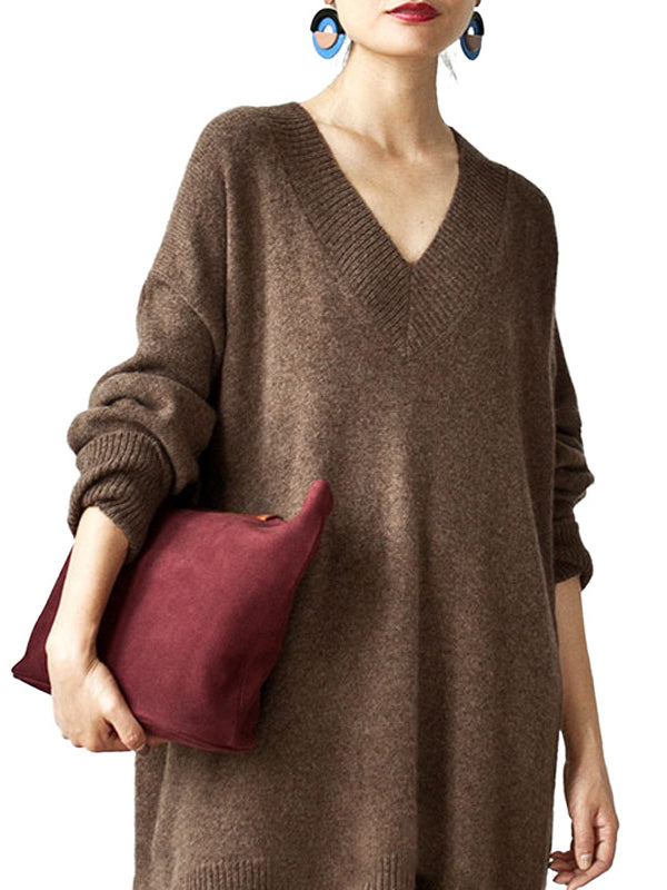 Stylish Loose Camel V-Neck Long Sleeve Sweater Dress QX006