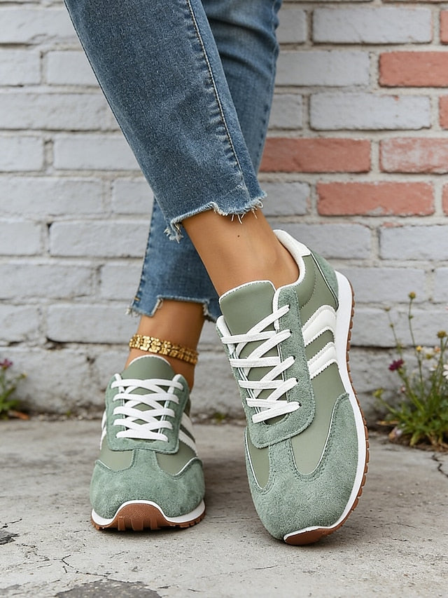 Women's Green Retro Stripe Sneakers – Breathable Low-Top