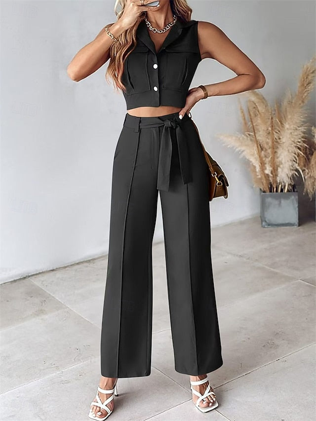 Women's Pants Sets Bolero Top Sleeveless Shirt Collar Plain