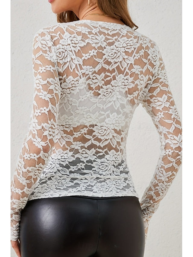 Women's Blouse Lace Tops Lace Plain Stylish Long Sleeve V