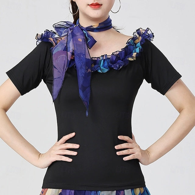 Latin Dance Top Printing Pure Color Splicing Women's