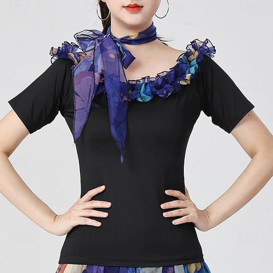 Latin Dance Top Printing Pure Color Splicing Women's