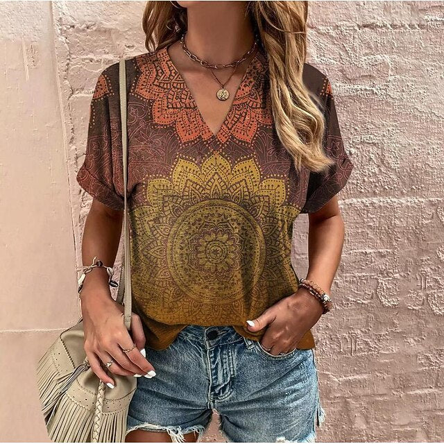 T shirt Tee Women's Black+white+grey Yellow Red Geometic