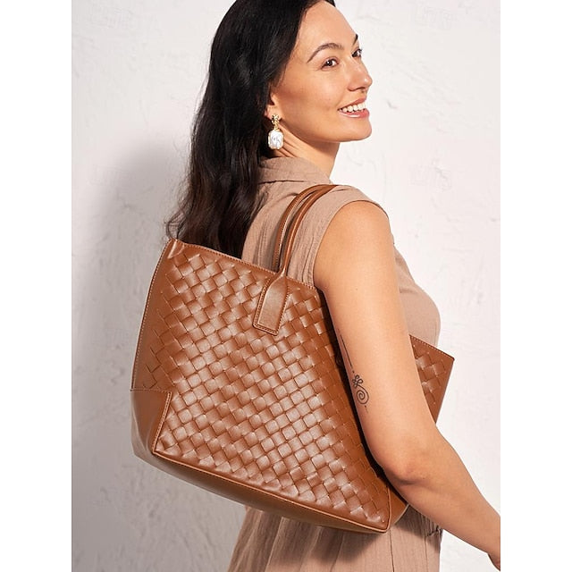 Tote Brown Woven and Women's Leather Bag Stylish –