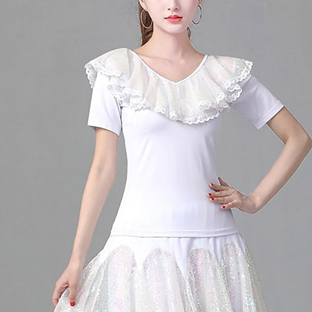 Latin Dance Ballroom Dance Top Ruffles Pure Color Splicing