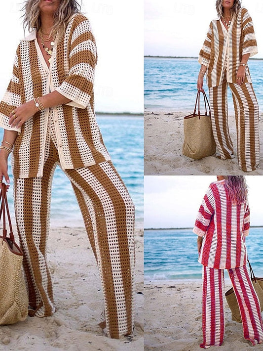 Women's Pants Sets 3/4 Length Sleeve V Neck Plain Patchwork