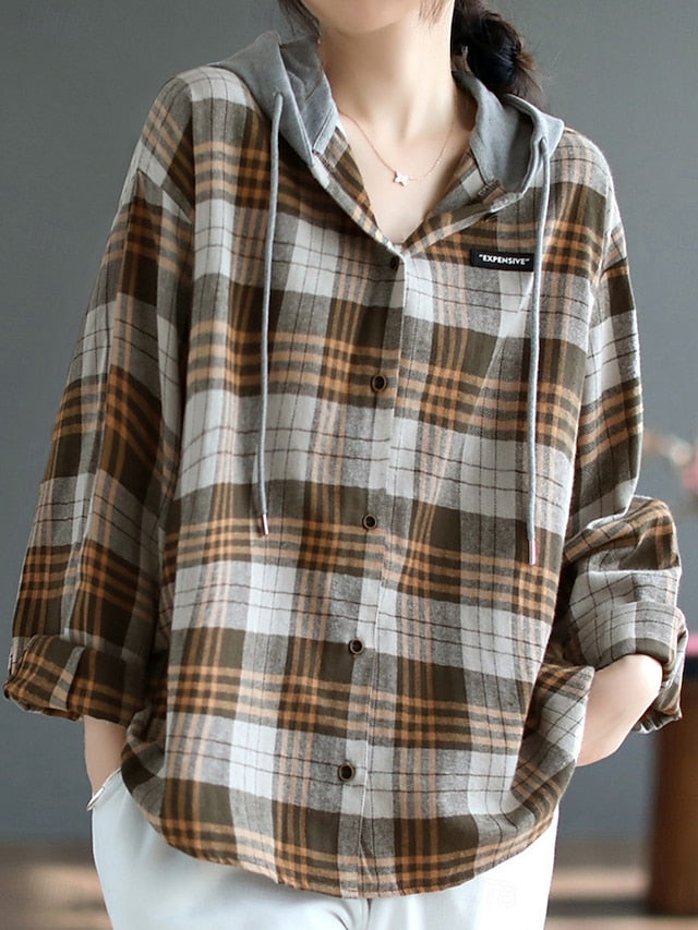 Women's Blouse Buttons Print Plaid Stylish Casual Long
